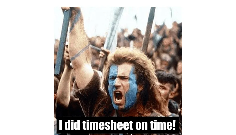 Humorous timesheet meme showing the feeling of being a superhero after completing the timecard.