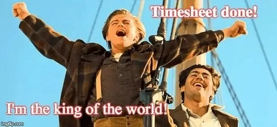 Timesheet meme depicting the relief of employees after completing their timecards.