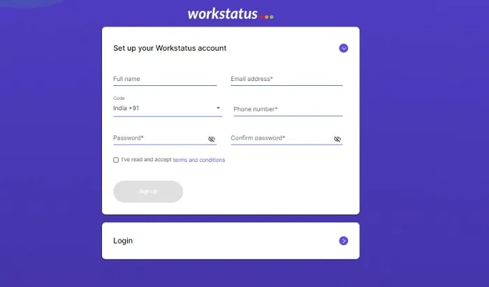 Workstatus login screen, where users access features for tracking and managing work hours, including employee time tracking.