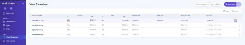 Timesheet view in Workstatus for tracking and managing employee work hours and understanding why tracking employee time is important.