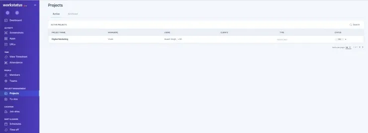 Project management interface in Workstatus showing how to track and manage work hours and implement employee time tracking.